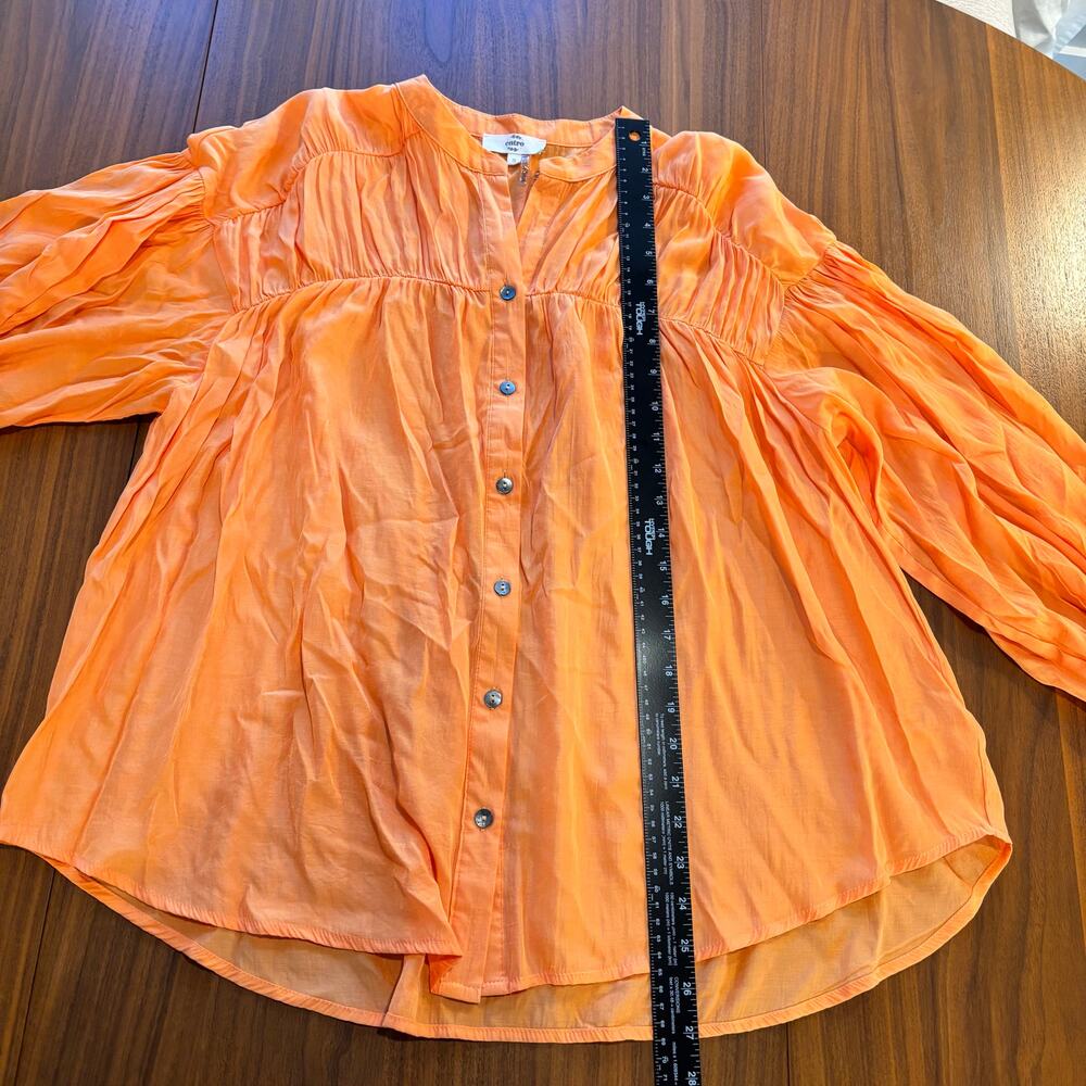 Entro Bright Apricot Orange Puff Sleeve Blouse Button Front Semi Sheer Size S - Picture 6 of 8